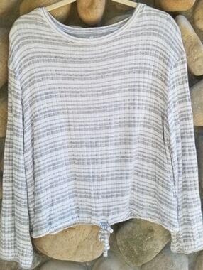 Mudd Gray and White Striped Coastal Pullover Blouse | Cozy Spring Refresh